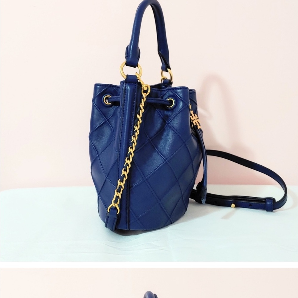 Tory Burch Fleming Leather Crossbody small dark blue royal bag.